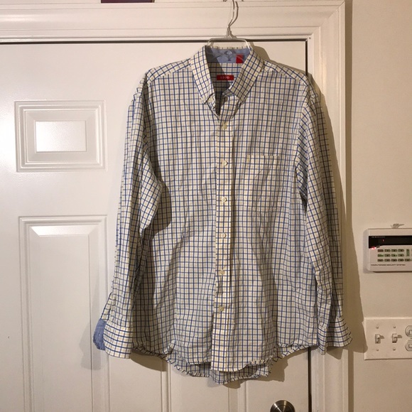 Men’s IZOD blue and yellow plaid button up - Picture 1 of 5